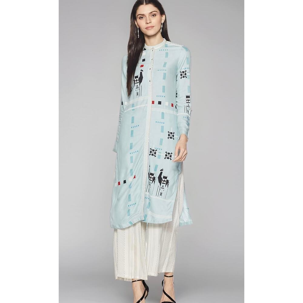 W for Woman Light Blue Printed Kurti Mandarin Neck Calf Length Size 8